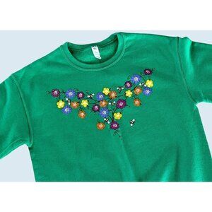 Retro Floral Bumble Bee Green Jerzees Sweatshirt Size Small